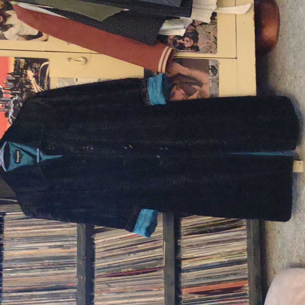 VTG INCOGNITA black faux fur button up turquoise lining front pockets jacket MD